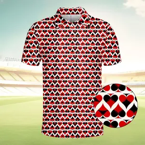 Card Pattern Polo Shirt, Poker Heart Polo Shirt for Men Women, Casino Playing Cards Shirt, Red Black Geometric Polo, Las Vegas Night Outfit