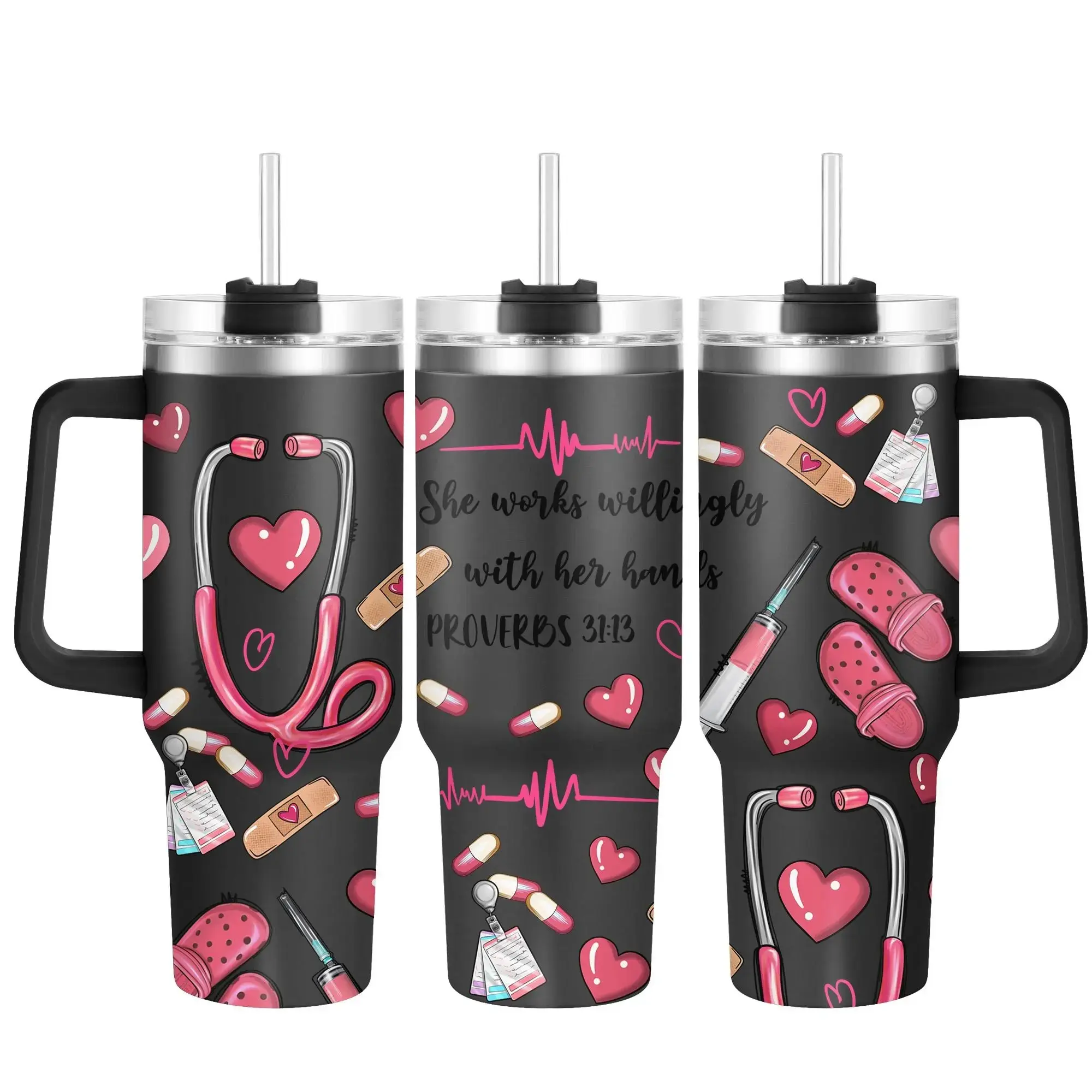 Nurse Pattern 40oz Tumbler with Lid, 1 Count Stainless Steel Water Bottle, Drinking Cup for Home Office School, Gift for Nurse, Birthday Gift, Drinkware