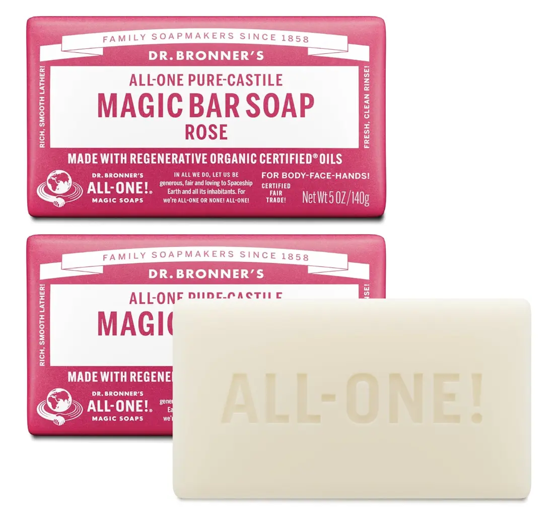 Dr. Bronner's Pure-Castile Magic Bar Soaps - Made with Regenerative Organic Certified Oils - For Face, Body, Hair- Vegan Soap Bars for Men & Women - Rose 2 pack, 5 oz