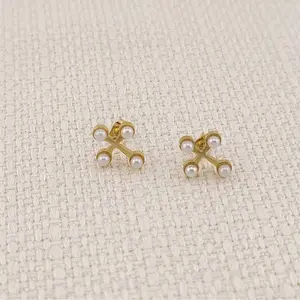 FWJ Stainless Steel Pearl Cross Earrings, Pearl Stud Earrings for Women's Fashion Costume Jewelry Accessories