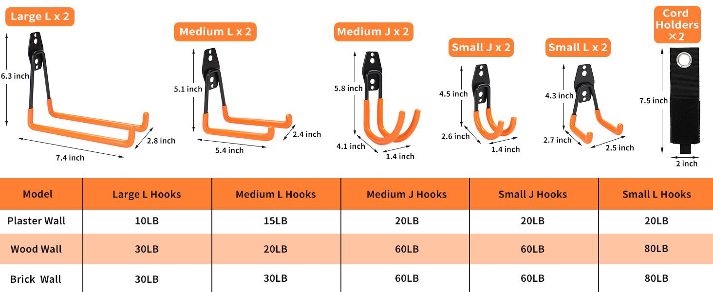 12 Pack Garage Hooks Heavy Duty Garage Organization Hooks for Tools Wall Mount Utility Hook Garage Hanger with 2 Extension Cord Straps Organiser
