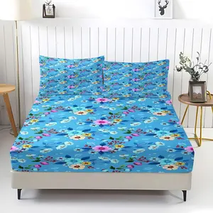 3Pcs Vibrant Floral Pattern Fitted Sheet Set, Bright Blue Background with Colorful Flowers and Berries, Cheerful and Decorative Bedding for a Lively Bedroom, Soft and Comfortable Fabric for Sweet Dreams Includes 2 Pillowcases, No Pillow Core