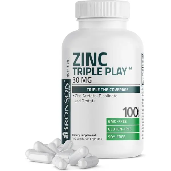 Bronson Triple Zinc 30 mg 3-in-1 Dietary Supplement Capsules - GMO-Free, CGMP-Certified, Gluten-Free Vegetarian (100 Count) with Zinc Acetate, Picolinate & Orotate for Immunity Boost, Antioxidant & Skin Health Support
