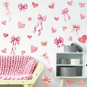 Pink Bow and Heart Wall Decals - 6 Sheets 82 Pcs Bow Knot Wall Stickers Watercolor Bow Heart Peel and Stick Wall Stickers for Girls Room Nursery Bedroom Valentine's Day Décor
