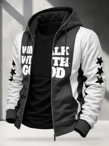 High Street American Casual Hooded Sweatshirt, Text Print Star Decoration, Color Block Patchwork, Trendy Personal Style, Daily Wear Fashion