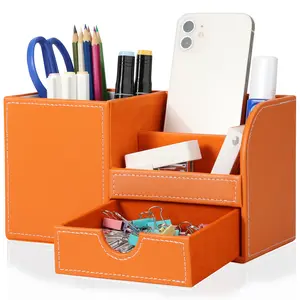 KINGFOM Desk Organizer Office Supplies Caddy Pu Leather Multi-function Storage Box Pen/Pencil,Cell phone, Business Name Cards Remote Control Holder with Small Drawer