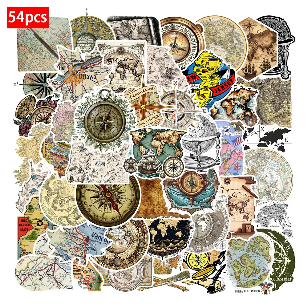 54 Retro Map Compass Pattern Waterproof Stickers Set, Car Water Bottle Luggage Phone Laptop Stickers, Decorative Adhesive Decals