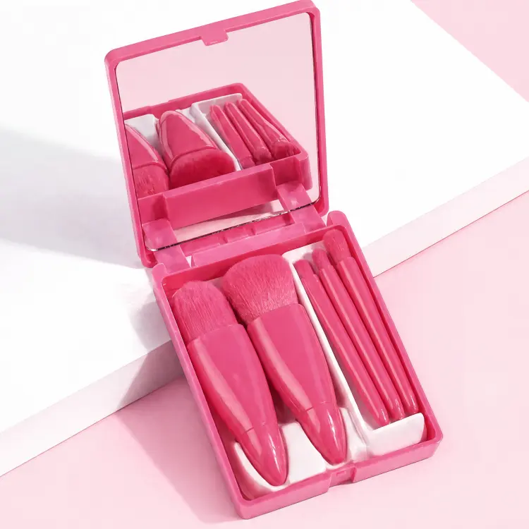 Portable 5-Piece Mini Travel Makeup Brush Set, Multifunctional Cosmetic Brushes with Mirror, Compact Foundation, Concealer & Eyeshadow Brushes (Rose Red)