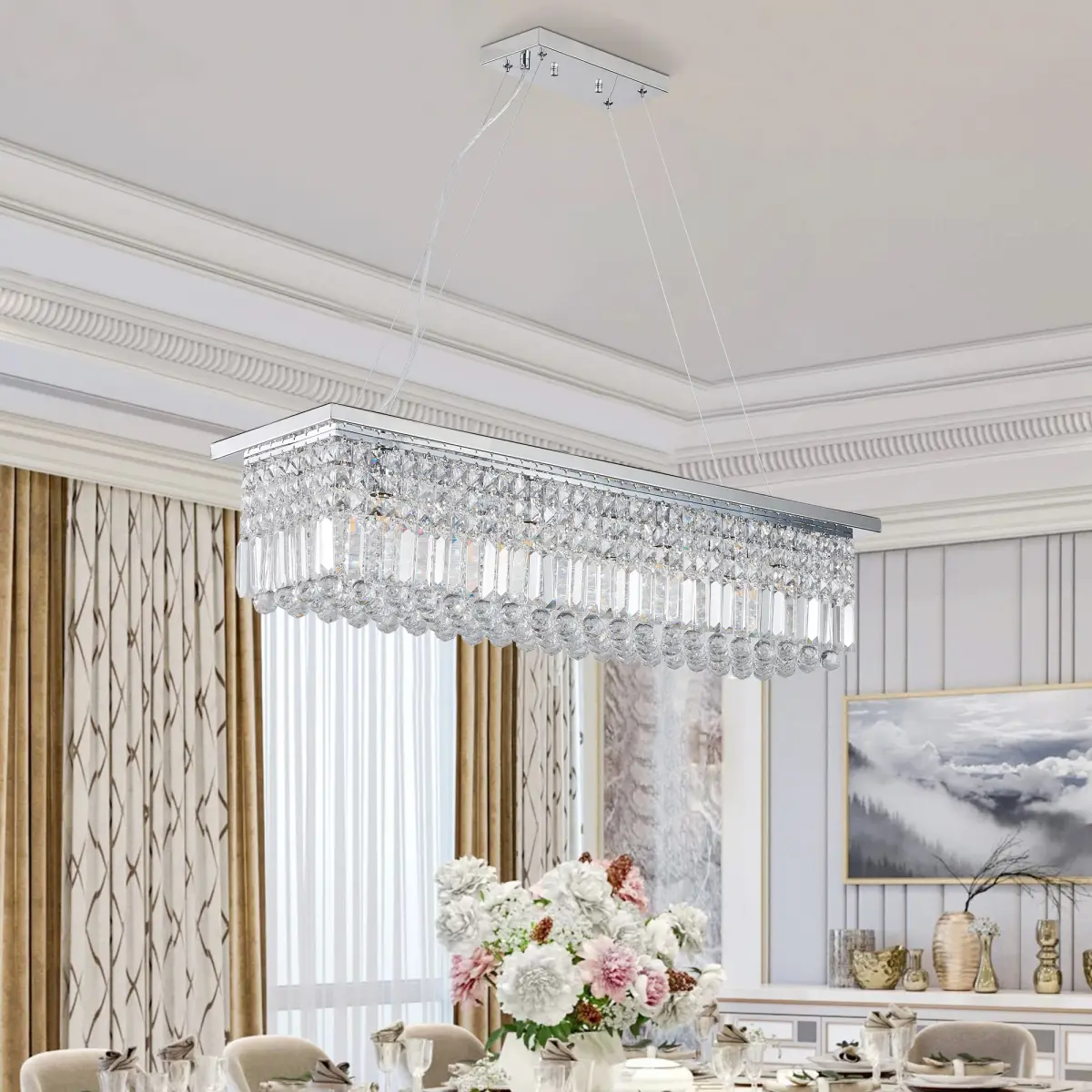 Modern Crystal Chandelier for Dining Room 8-Light White Rectangle Raindrop Chandelier Contemporary Rectangular Pendant Light Fixture for Kitchen Island Bar L39.4'' x W9.8'' x H8.7'(Bulb Not Included)