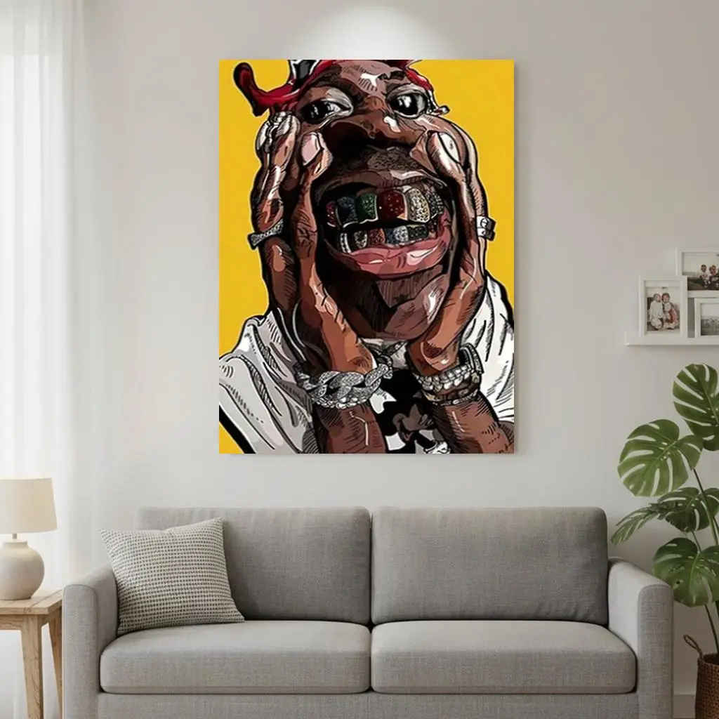 Glossy Artistic Framed Canvas Wall Art - Home Supplies, 1pc Wrapped Wooden Frame, 16x24 Inches Single Print, African-American Rapper with Bold Jewelry, Rap Culture Decor for Living Room, Office, Ideal Gift