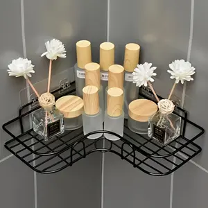No Drill Corner Shower Caddy, Bathroom Organizer Supplies, Adhesive Black Metal Corner Shelf with Rust-Proof Mesh Design, Wall-Mounted Bathroom Corner Organizer to Store Toiletries – Ideal for Bathrooms, Kitchens & Small Spaces