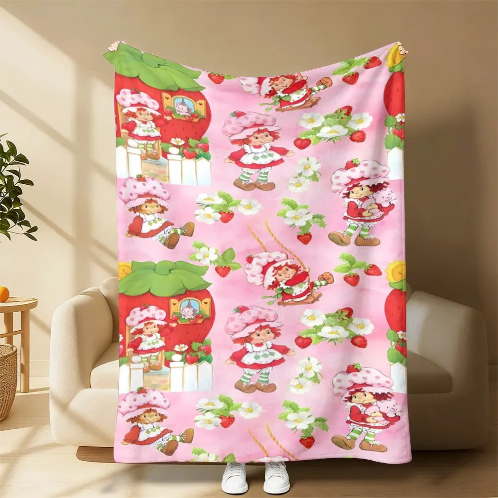 Vintage Strawberry Cartoon Art Blanket, Cute Strawberry Shortcake Soft Plush Blanket For Kawaii Style Room Decor Strawberry Shortcake Fan Gift Blanket, Retro Cute Cartoon Soft Plush Throw Blanket, Perfect Vintage Girl Lover Birthday Present
