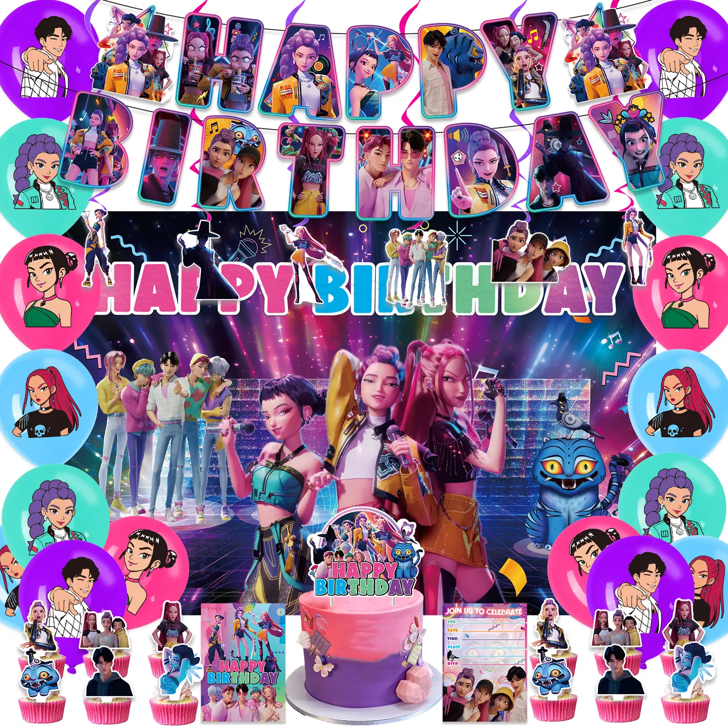 47 Pcs Pop Idol Girl Birthday Party Decorations Supplies for Girls, Music Theme Party Kit with Banner Backdrop Balloons Cake Topper Cupcake Picks Hanging Swirls Invitations