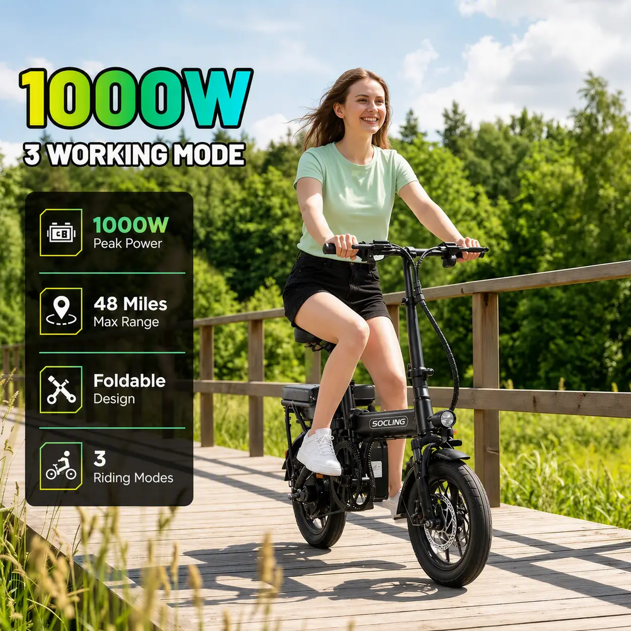 1000W Motor Folding Electric Bike for Unisex Adults, 3 Riding Modes, Compact Fold Urban Commuter E-Bike with High-Power Headlight, Easy Car Trunk & Apartment Storage, Ideal Birthday Gift