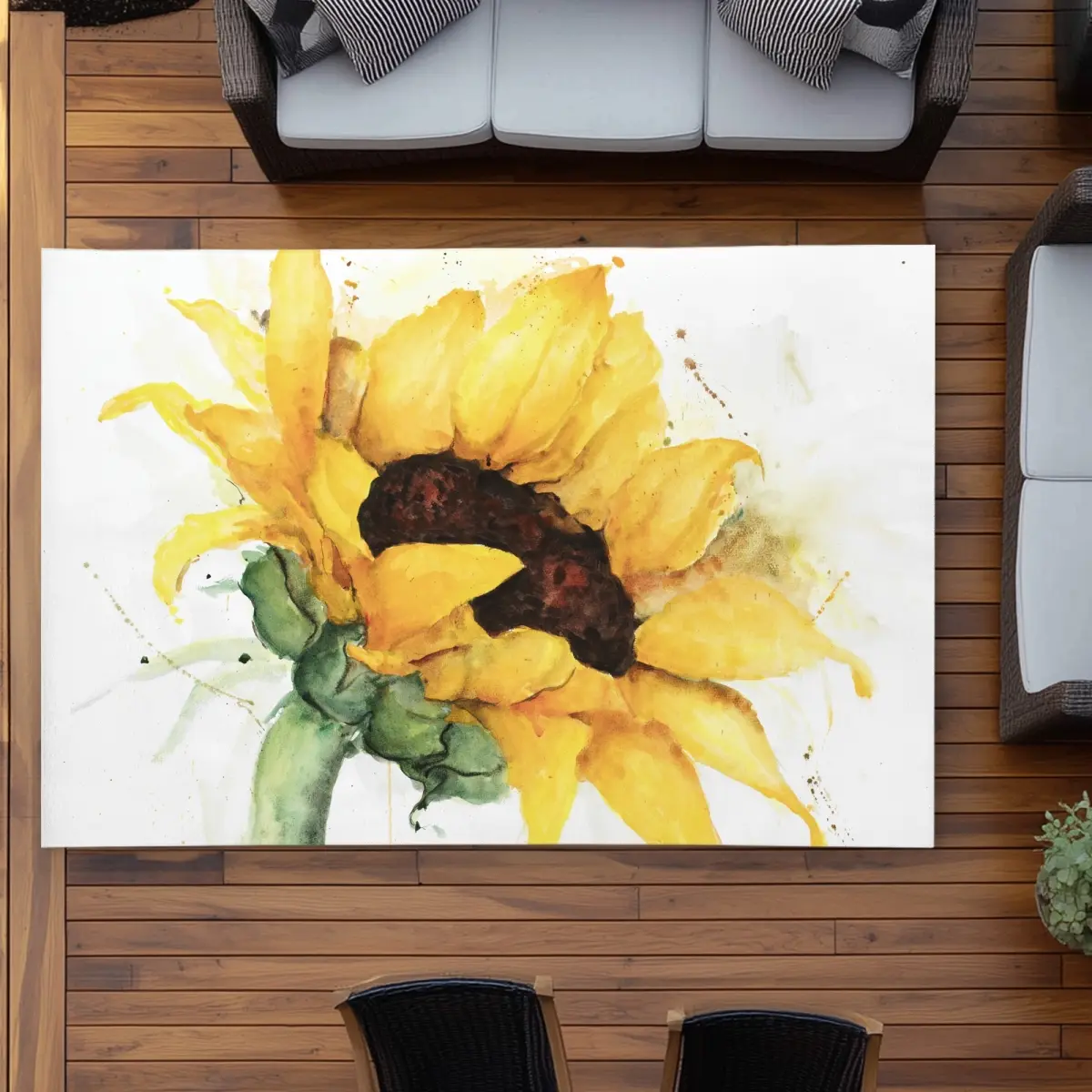 360 stand 5x7 ft. Rectangle Outdoor Patio Rug, Watercolor Sunflower Print with Paint Splash Design, Rustic Soft Area Rug, Sunflower Area Rugs