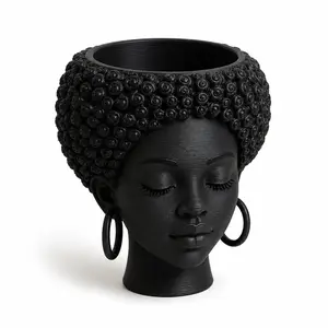 Mini Afro Puff Woman Head Planter, 3 Inch Matte Black Succulent Pot for Desk and Shelf Decor