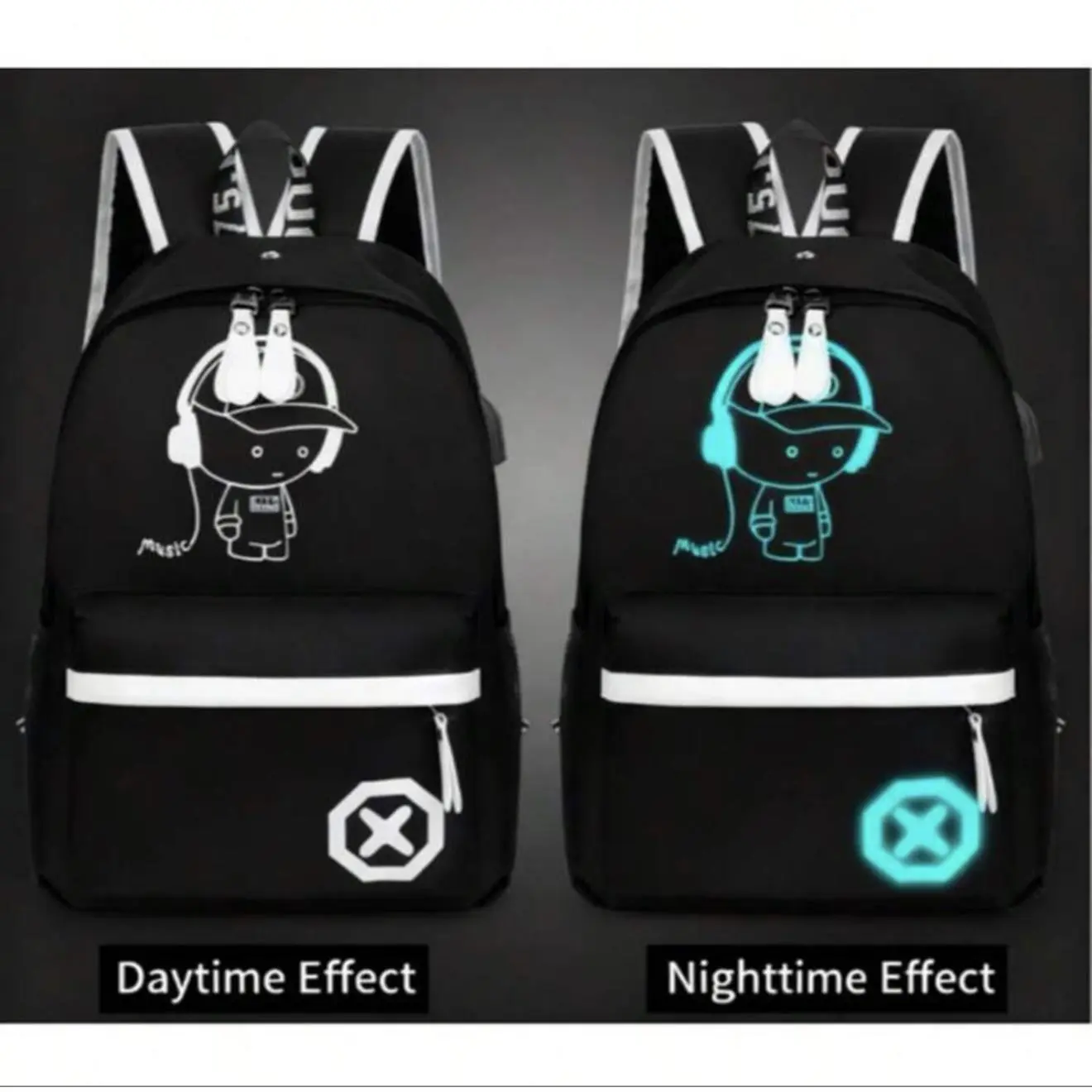 Simple&Lightweight Fluorescent Luminous Patterned Backpack with Large Capacity Adjustable Shoulder Strap for School Back to School Supplies *charging cord Not Included *