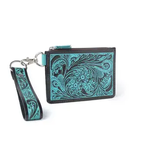 Men's Leather Card Holder - Myra Pride of the Prickly Pears Black and Turquoise Tooled Leather, Slim Credit Card Organizer with ID Window