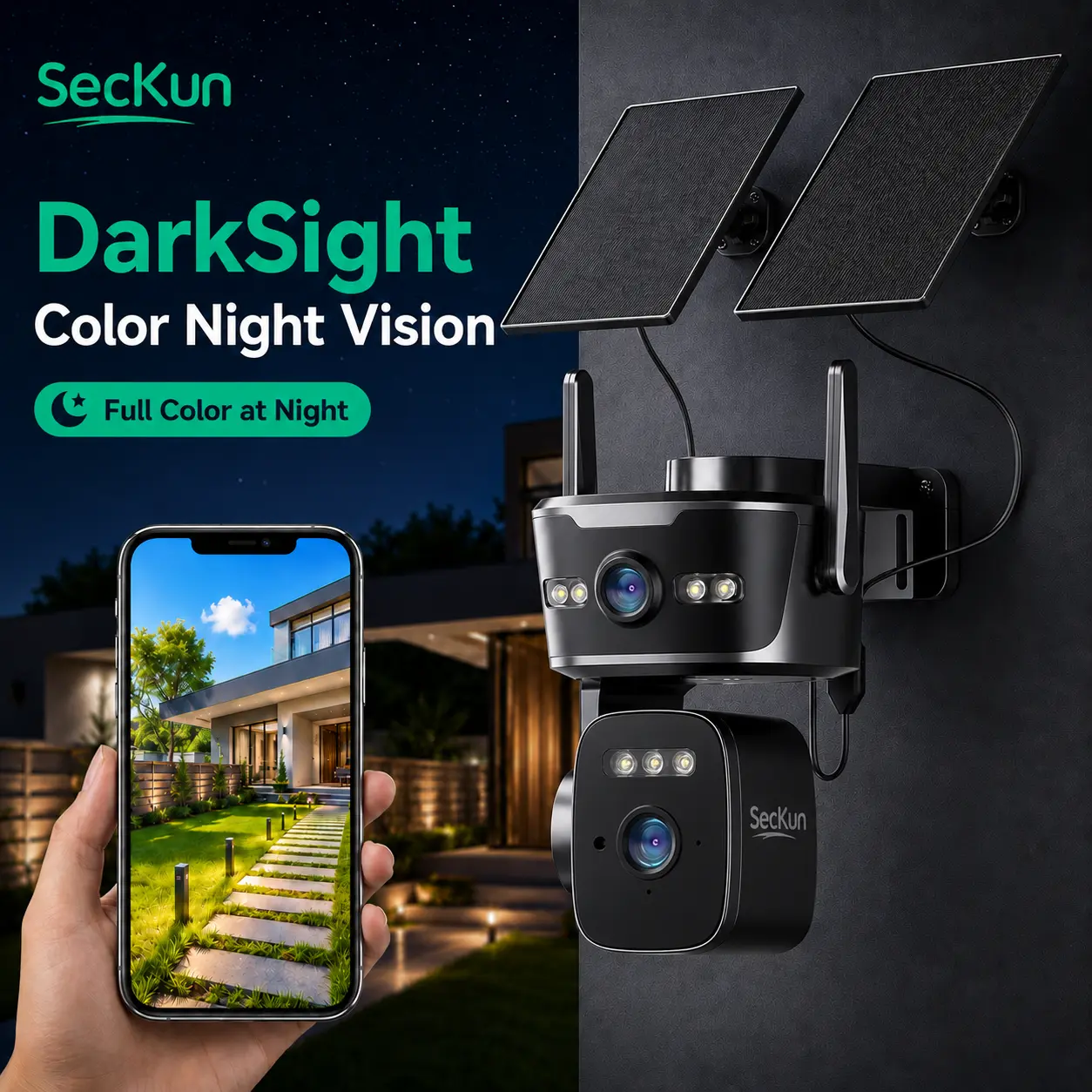 DarkSight Full-Color Night Vision Camera, 2K Solar Wi-Fi Outdoor Security Camera, Dual-Lens PTZ with F1.0 Super-Aperture Lens, AI Human Detection,Auto Tracking,Smart Alerts,2-Way Audio,Local SD Storage,IP66 Wireless CCTV Camera with Remote Monitoring, Spe