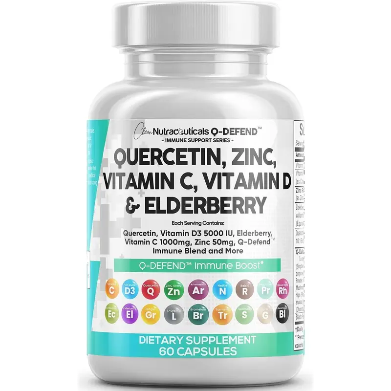 Clean Nutraceuticals Quercetin, Zinc, Vitamin C,Vitamin D3, Elderberry, Turmeric & More for Rapid Absorption & Overall Health Capsules - Q-Defend