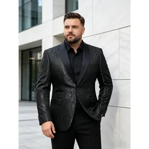 Men’s Jacquard Shawl Lapel Blazer 2-Piece Set with Black Tie, Black & Blue