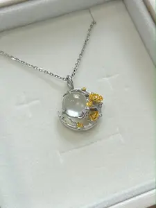 Anne's Choice, Original Design Floral & Moon Necklace, Russian White Gemstone Necklace, Clear Moon Collection, white nephrite jade phenakite