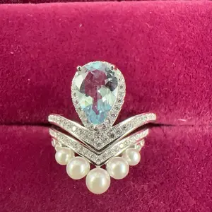 <PingEast jewelry > Aquamarine ——925 Sterling Silver Ring Set with 3 Carat Pear-Shaped Natural Aquamarine in Chaumet Paris Style, Includes Two Stackable Rings, Comes with Certificate