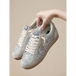 Silver Color Sequins Decorative Shoes, Star Element Design, Light Sole, Laces, Casual Style, All Seasons Wear