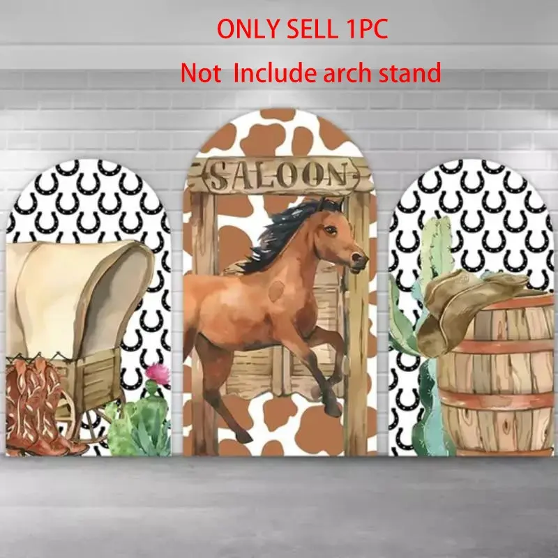 Western Saloon Horse Arch Covers Stretchy Backdrop Background – Cowboy Wagon & Horseshoe Design, Perfect for Cowboy Birthday & Western Party Photo Backdrop, Party Decor Supplies & Banners