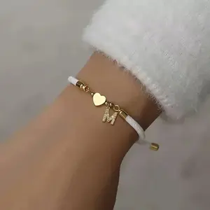 Initial Heart Charm Letter Link Bracelet Fashion All-match Jewelry for Women Retro Adjustable Rope Bracelet for Daily Use Stylish and Versatile