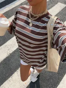 Women's Y2K Style Brown Striped Short Sleeve T-Shirt, Crew Neck Casual Loose Fit Top For Streetwear, Daily & Vacation Scenes