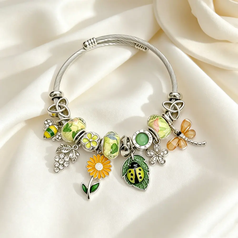 Nature Charm Bangle Bracelet for Women – Adjustable Open Cuff with Sunflower, Daisy, Duck, Bee & Garden-Inspired Charms, Cute Fashion Jewelry Gift