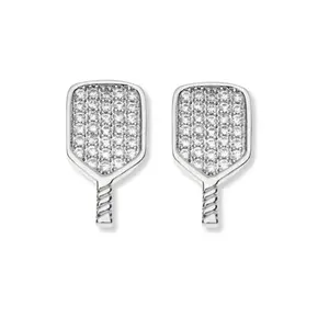 Silver CZ Pickleball Paddle Stud Earrings