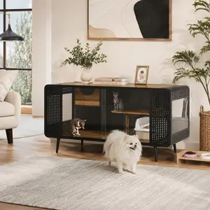 55.12in Durable Double Dog Crate Furniture Wood Crate House, Spacious Cat House with Tempered Glass, Portable Metal Playpen Door for Living Room, Hallway, Wood Crate Houses