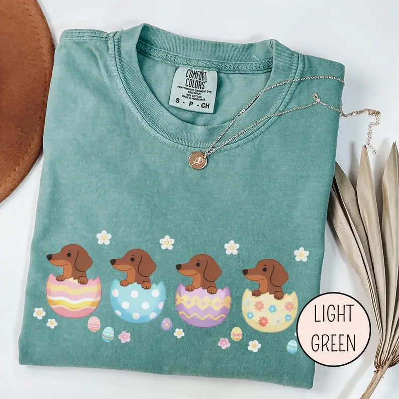 Comfort Colors Dachshund Easter Tee, Doxie In Egg Tee, Spring Dog Lover Easter Day Gift, Pastel Easter Egg Hunt Outfit Women