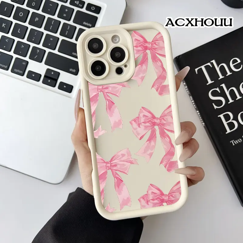 Softcase for iPhone 17 16 E Pro Max 15 Plus 14 13 12 11 XS XR Pink Bow Pattern Anti-Slip Scratch Resistant Cute Silicone Protective Softcase