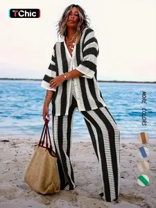 Women's Colorblock Striped Print Hollow Out Sweater Co-ord Set, Casual Button Front Shirt & Wide Leg Pants Set, Women's Knitwear for Daily Wear