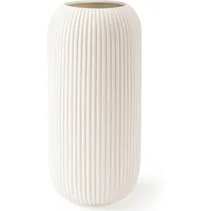 Modern Small Ribbed Textured Ceramic Flower Vase for Home Decor Pampas Grass Decor Fits Farmhouse Coffee Table Kitchen Centerpiece Bookshelf Living Room (White)