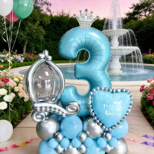 Princess Birthday Blue/ Column Balloon Decoration Set, Includes 32 Inch Number Balloons, Mini Crown, DIY Pumpkin Car Balloons