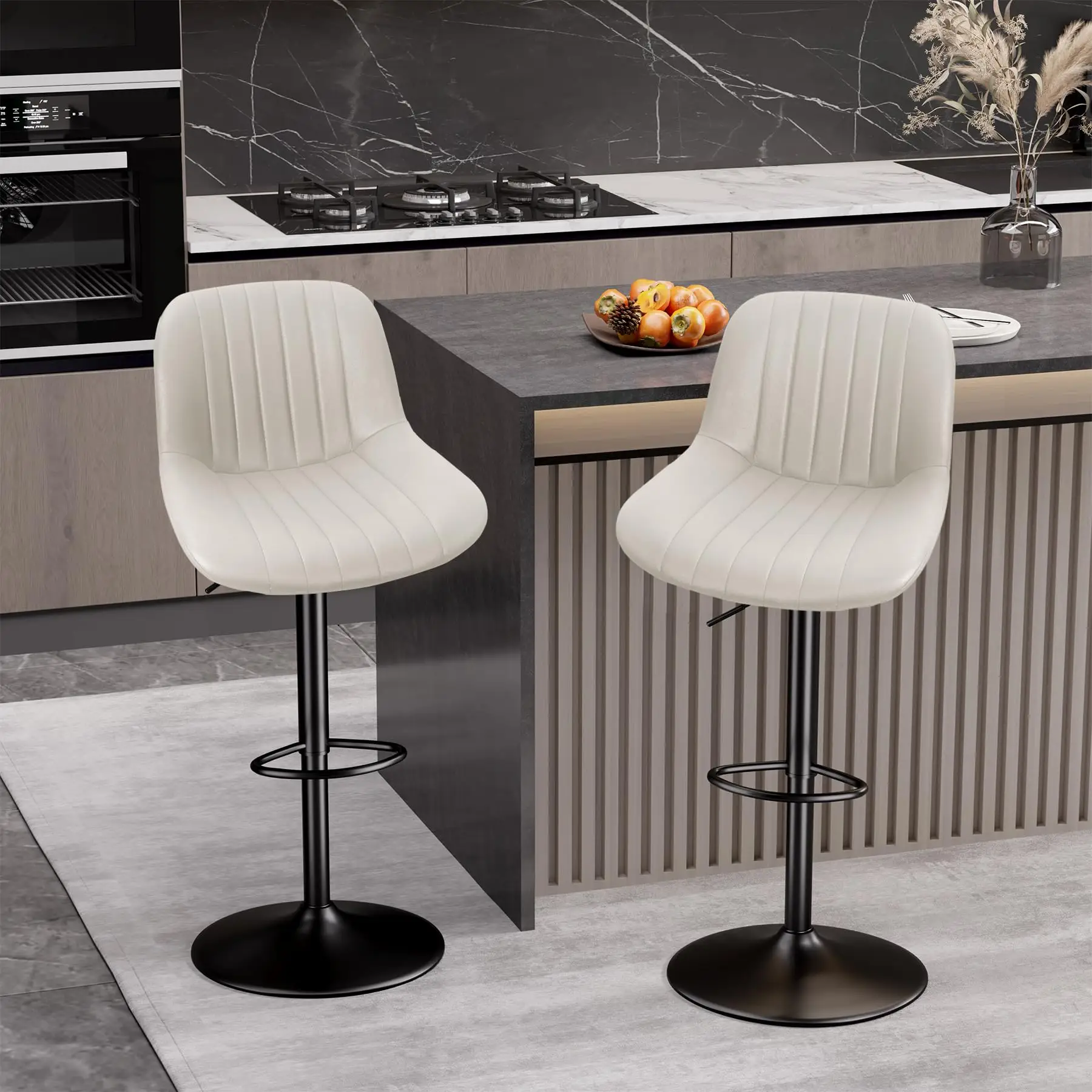 Bar Stools Set of 2, Adjustable Modern Swivel Bar Stools with Backs, Counter Height Performance Fabric Island Chairs for Home Kitchen, Black