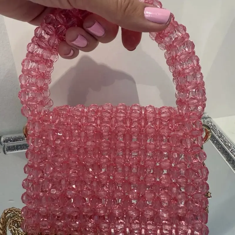 Handmade Exclusive Pink Acrylic Beads Bag For Women Fashion Accessory with Adjustable Strap Full Height 7.5 in Width 5.5 in Compact & Spacious Style Statement Piece