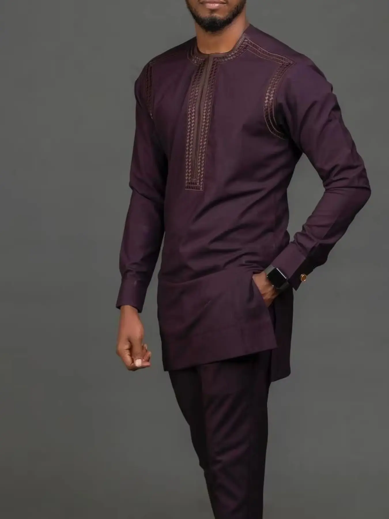 Traditional Muslim Set Modesty African Style Men's Wedding New Formal Suit 2-Piece Round Neck Long Sleeve Top and Pants Outfits
