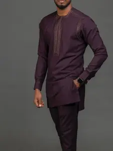 Traditional Muslim Set Modesty African Style Men's Wedding New Suit 2-Piece Round Neck Long Sleeve Top and Pants