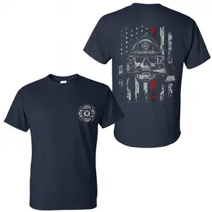 Thin Red Line Firefighter Skull Axe T-Shirt, 2 Sides, Patriotic Distressed Flag Fire Dept Graphic Tee