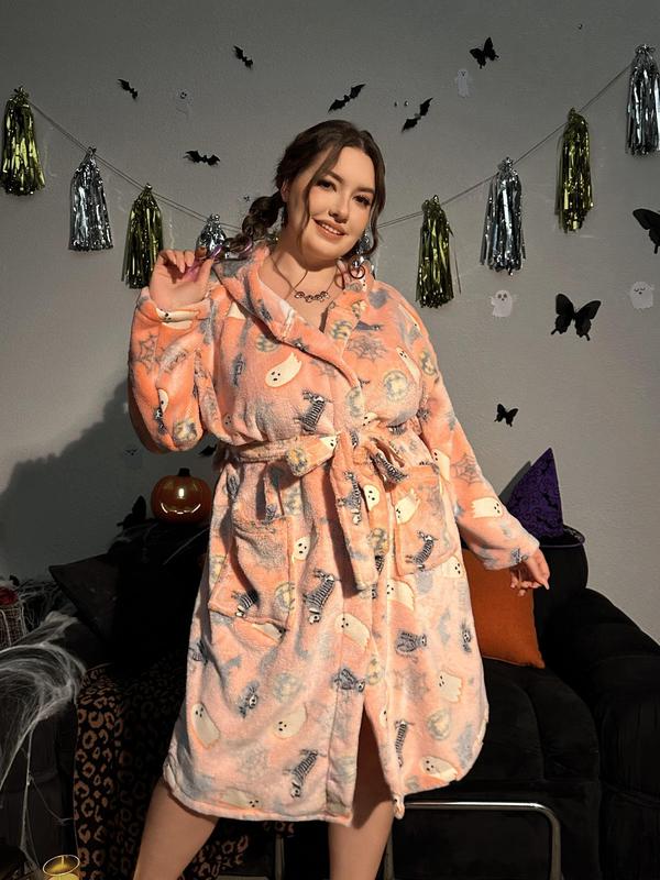 【Plus Size】 Halloween Themed Cartoon Pumpkin Print Glow In The Dark Belted Hooded Lounge Robe, Casual Long Sleeve Pocket Design Dressing Gown, Women's Fluffy Pajamas for Fall & Winter