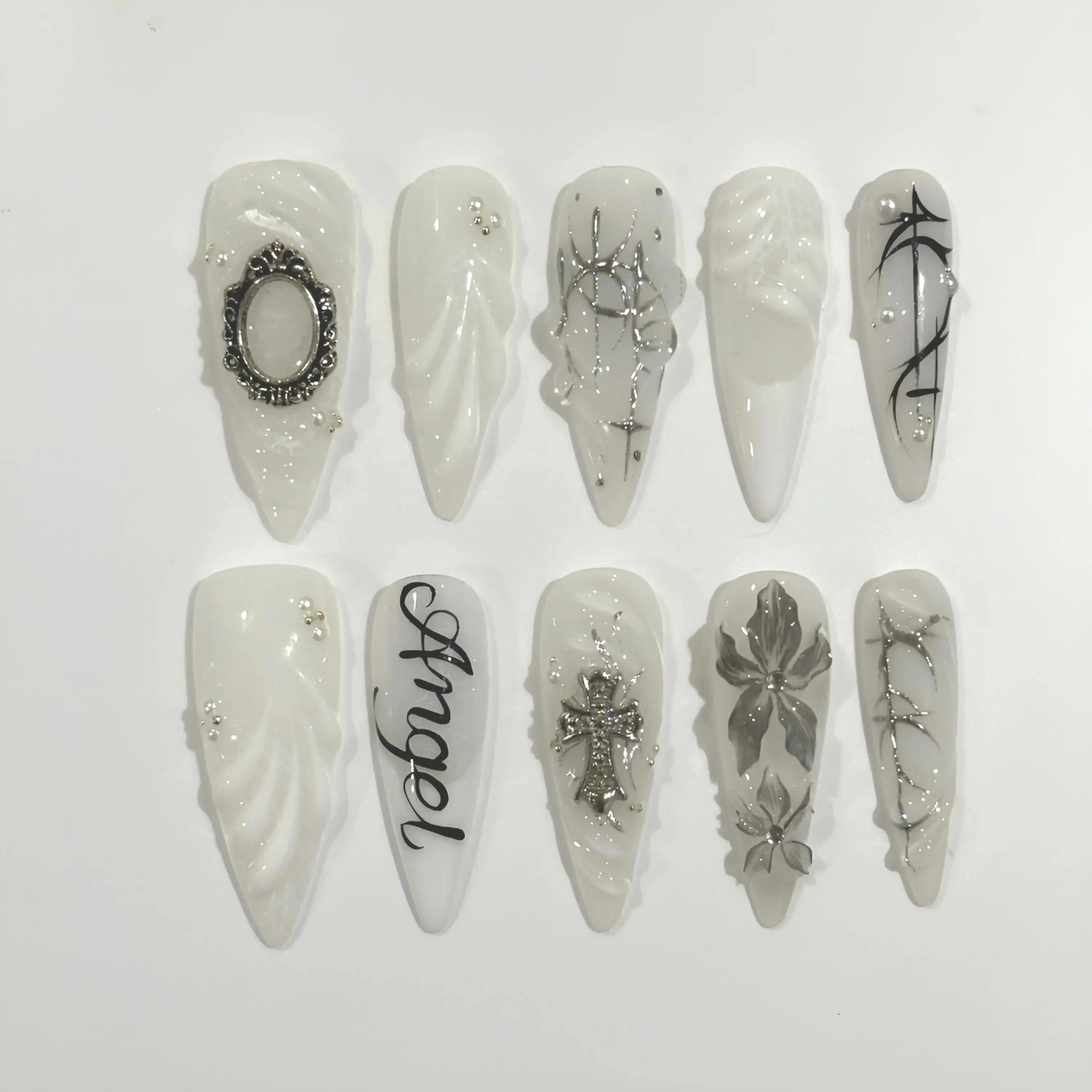MeliNails - Gothic Angel Press On Nails | 3D White Chrome & Cross Art | Handmade Alt Fashion Fake Nails