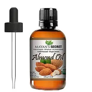 Mayan's Secret - 100% Organic Sweet Almond Oil for Skin Hair, Face - Cold Pressed Pure Almond Essential Oil (4 fl. oz.)