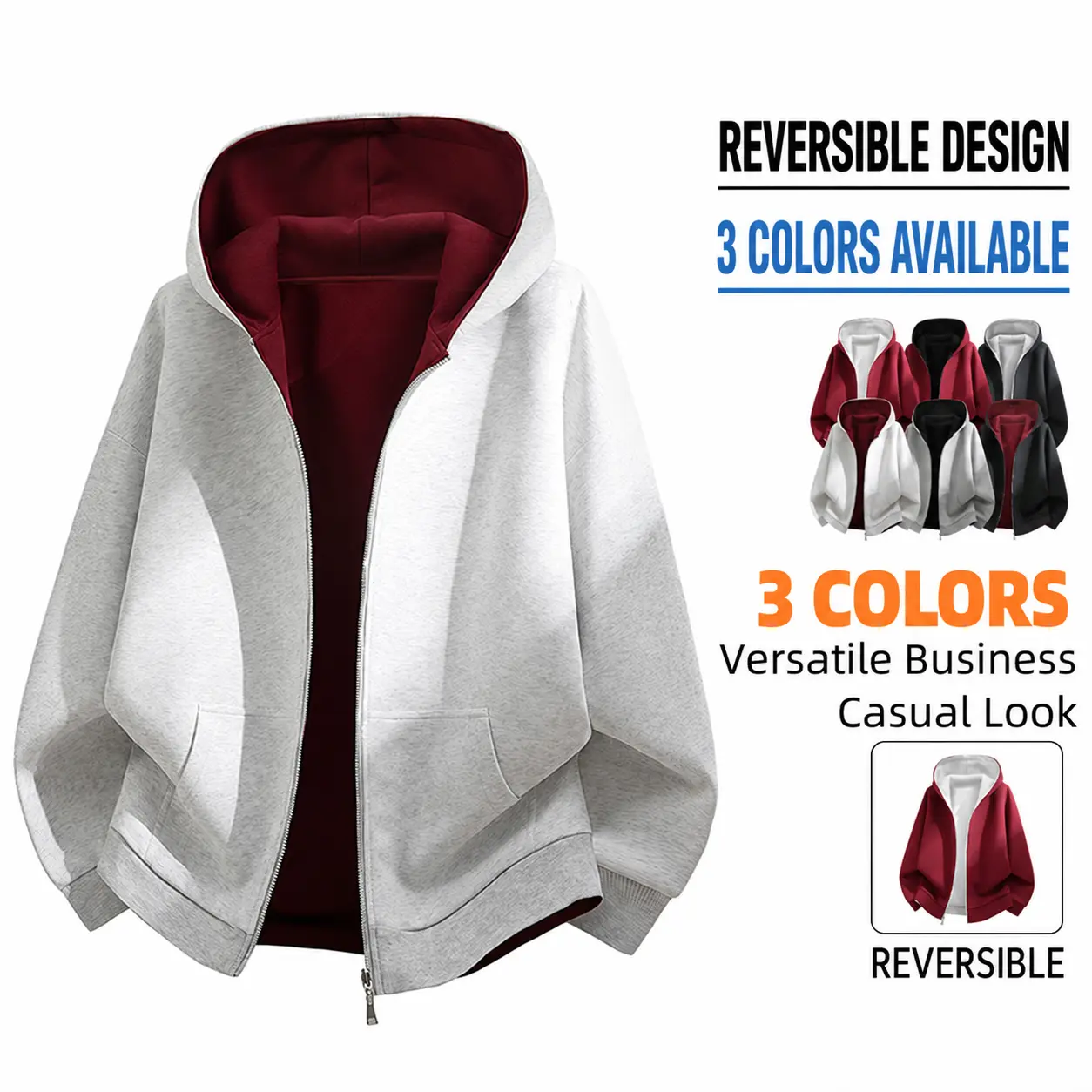 Men’s reversible two-sided hoodie jacket, full-zip color-contrast sweatshirt, casual loose-fit urban streetwear outerwear