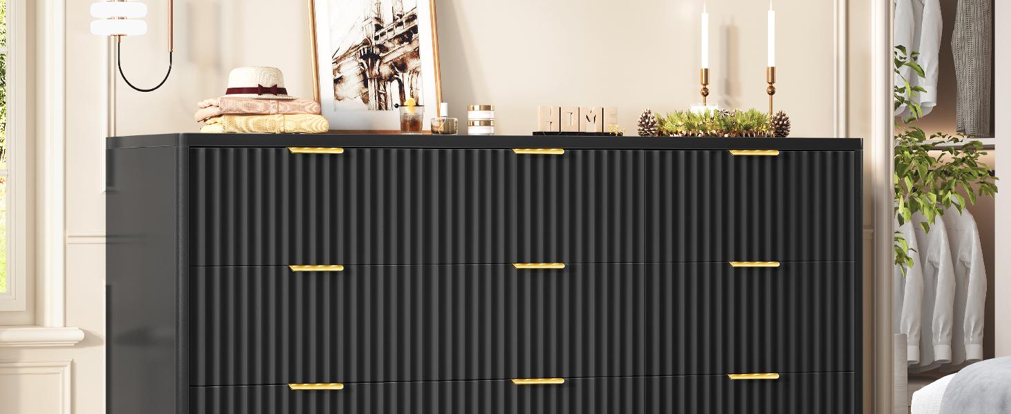 Black Summergarden 63" Wide Modern Bedroom Dresser - 9-Drawer Chest of Drawers with Metal Handles, Cupboards Storage Cabinet Organizer for Bedroom, Living Room, Multiple Storage Drawers,dorm essentials,home decor campingessentials