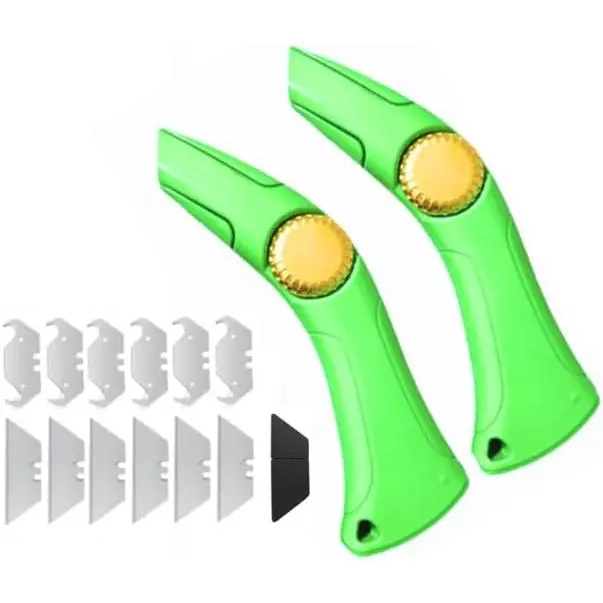 ZY501 Pack 2-Pack Knuckle Saver Roofing Cutting Tool, Hardware Knives + Blades Set with 12 Hook Blades for Shingles, Underlayment, 12Pcs Blades